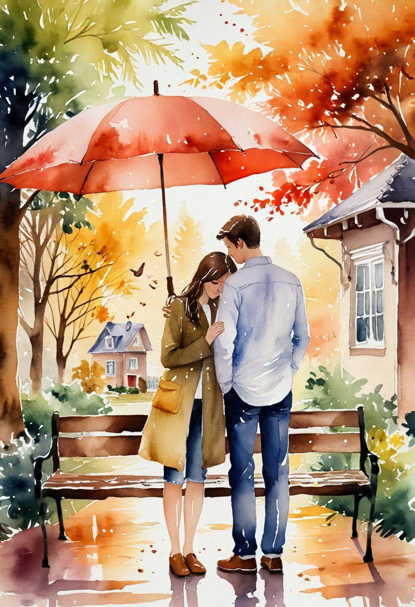 A warm and cozy scene depicting a couple sharing a loving moment under an umbrella, symbolizing protection, with insurance paperwork subtly placed in the background. Surround them with important relationship symbols like a heart, a house, and family pictures to illustrate the love story. Soft, glowing light to create an emotional atmosphere. watercolor style. warm colors. soft focus.