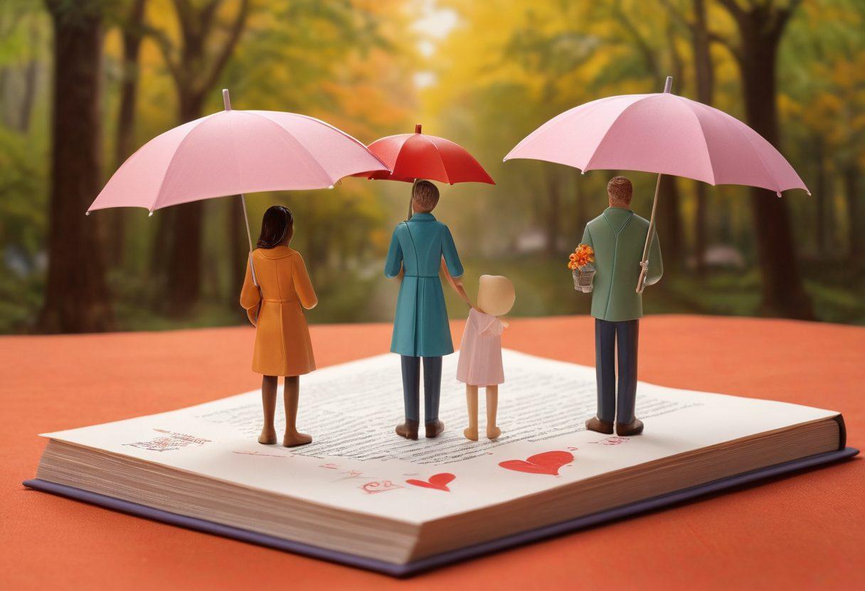 A warm, inviting scene depicting diverse couples in various stages of relationships, framed by policy documents and heart symbols, showcasing love and commitment. The background features subtle hints of protection and support, symbolized by an umbrella or shield. Soft, pastel color palette to evoke emotions of safety and passion. super-realistic. vibrant colors. warm tones.