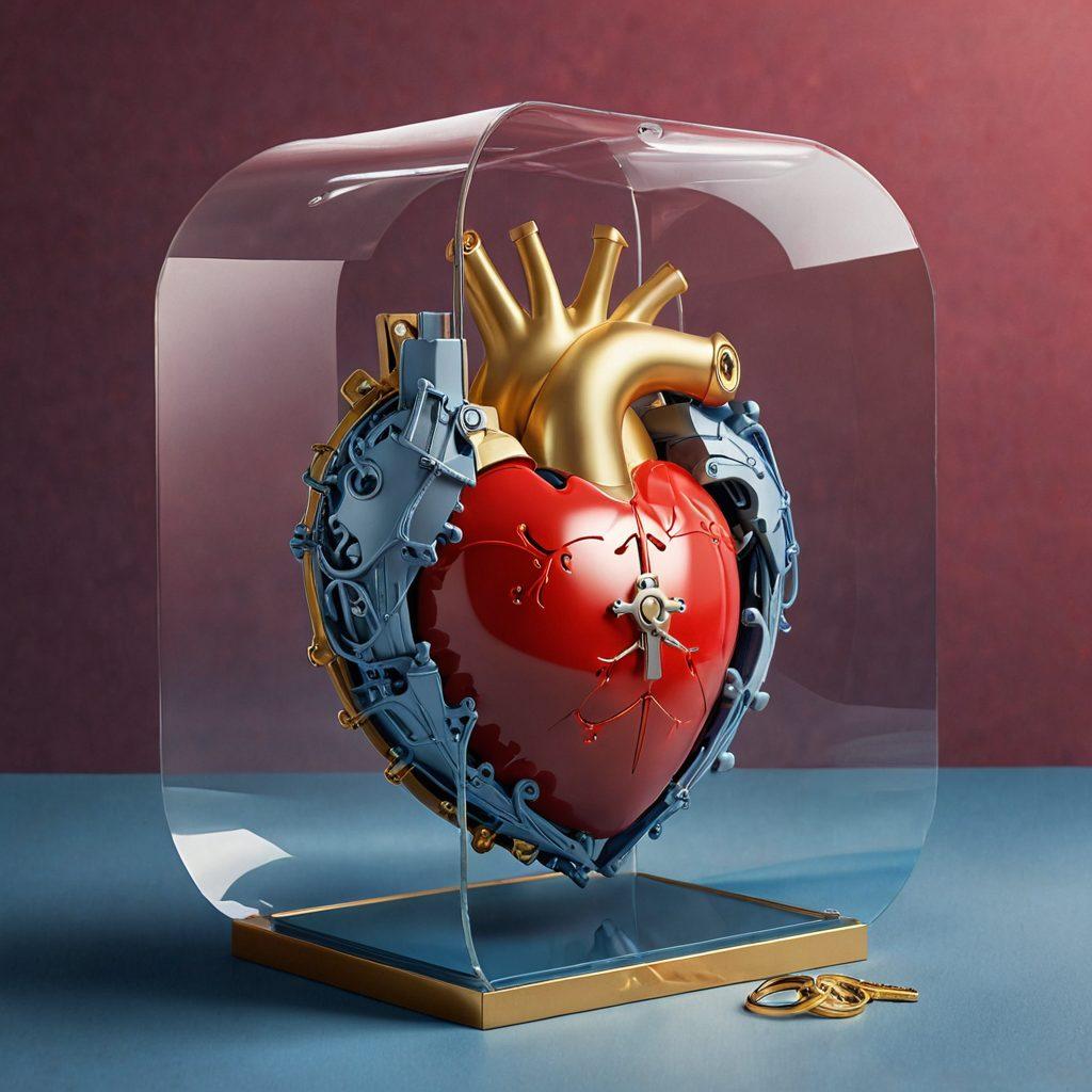 A heart encased in a protective shield, symbolizing the concept of risk management in love. Surround the heart with various relationship-related icons like locks, keys, and safe boxes to represent safeguarding affectionate connections. The background features a gradient of warm colors to evoke feelings of love and security, contrasting with cool shades symbolizing caution. Artistic flair should include soft glows and subtle textures to add depth. super-realistic. vibrant colors.